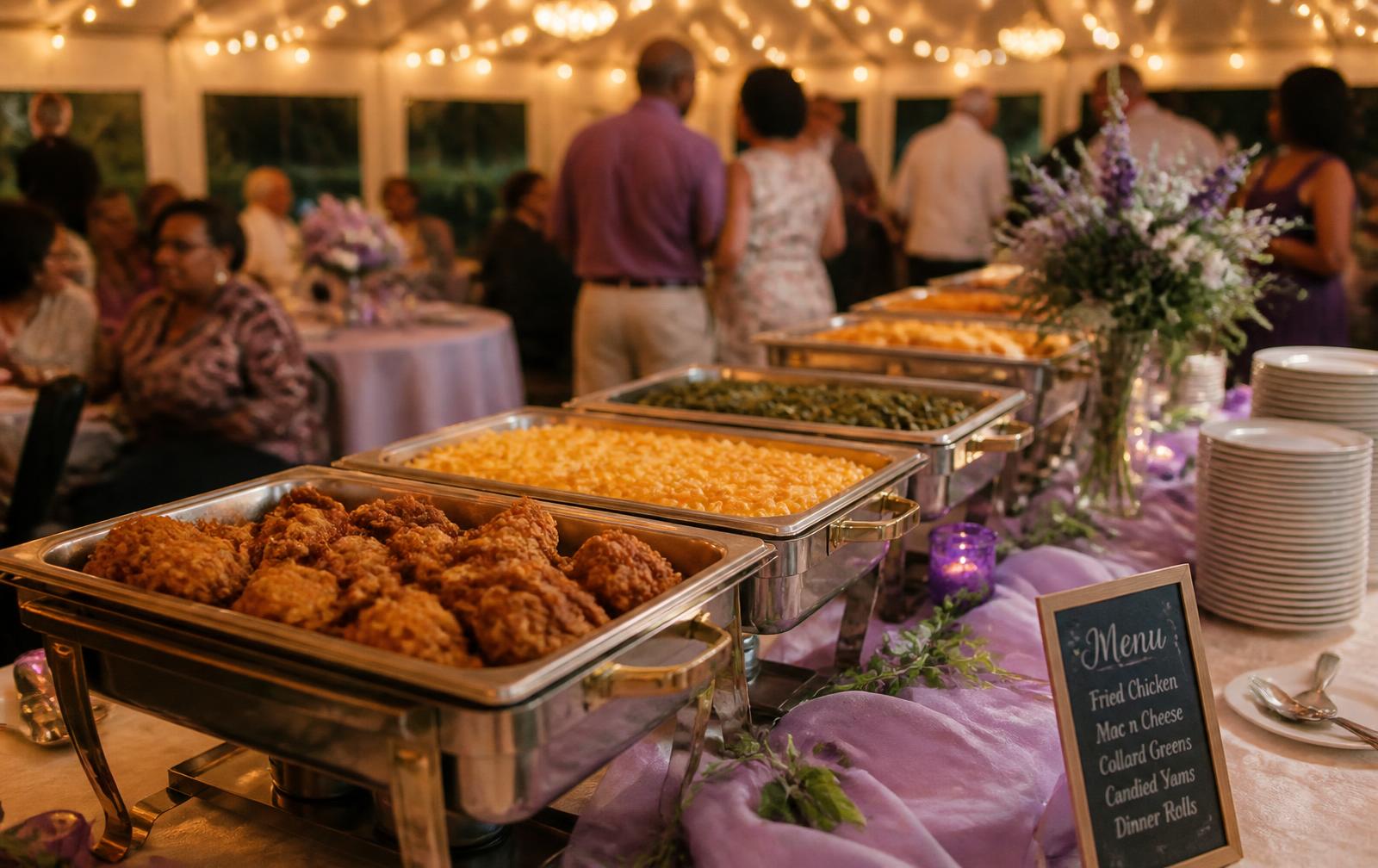 A catered buffet line of comfort food set up at an evening celebration